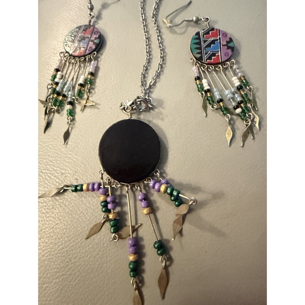 Southwest Western Aztec Pattern Drop Dangle Beaded Earrings & Necklace #430 - Picture 5 of 6